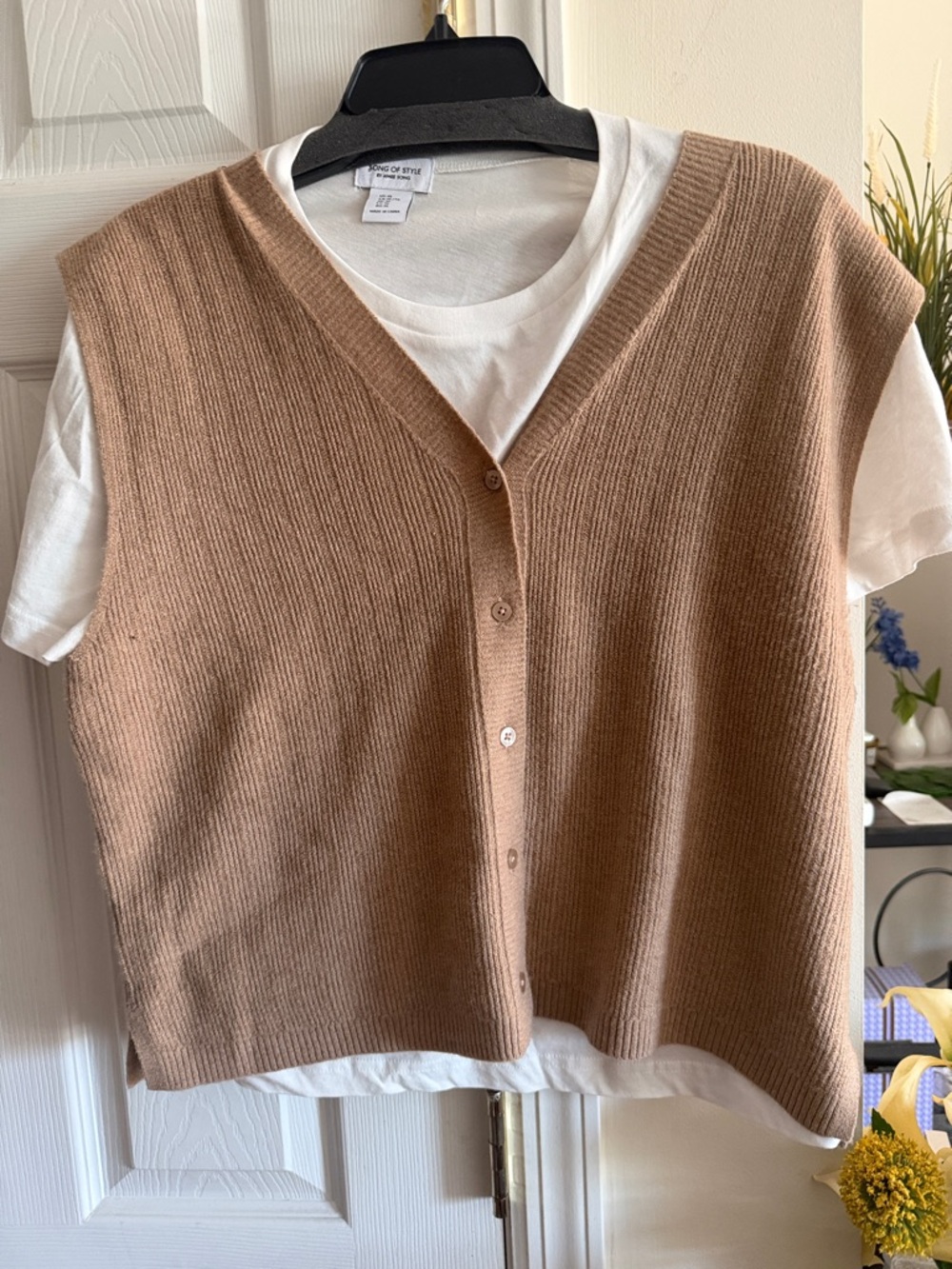 Song of Style Camel Ribbed Button-Front Vest Sweater
